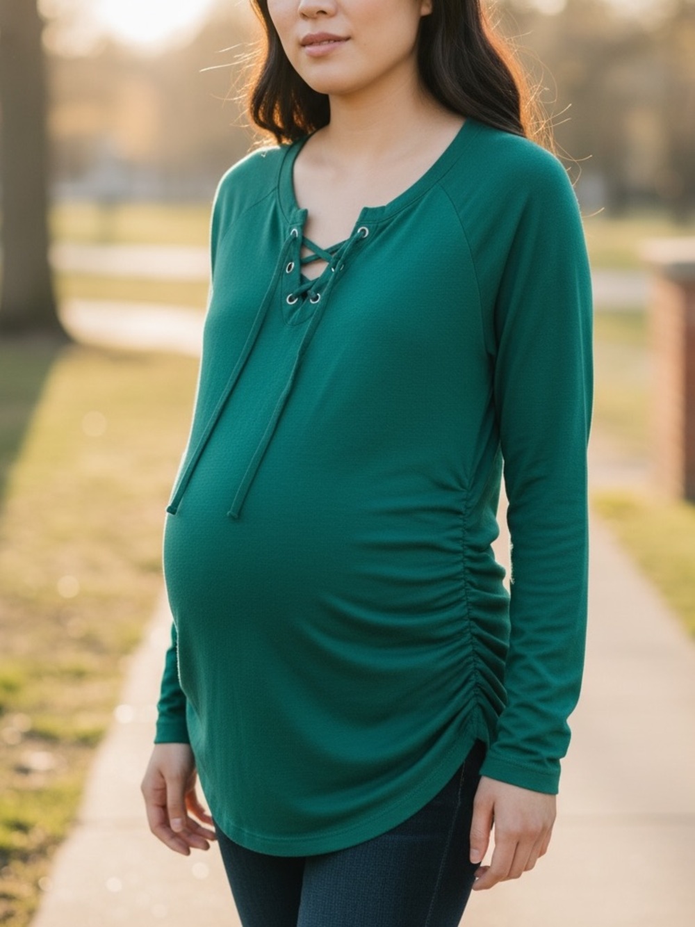 Isabel Maternity by Ingrid & Isabel Green Lace-Up Ruched Maternity Top